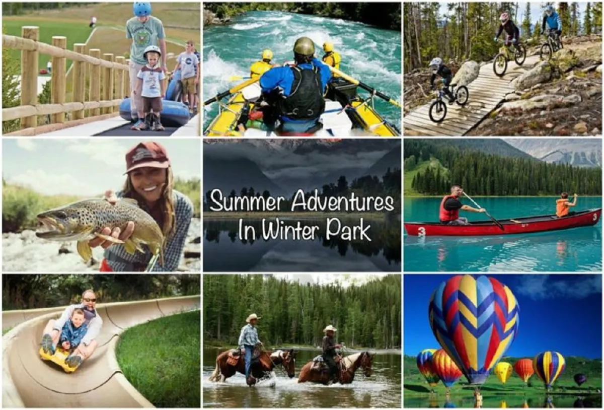 A wide, scenic view filled with various outdoor adventures—families and friends biking, rafting, fishing, kayaking, horseback riding, and even hot air ballooning. The landscape features lush greenery, water, and distant mountains, conveying a sense of excitement and a wealth of activities in the area.