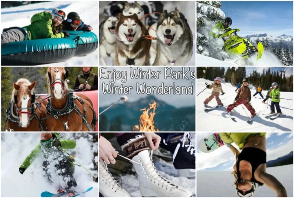 A vibrant winter scene featuring families and friends enjoying a variety of snowy activities including tubing, snowmobiling, skiing, snowboarding, dog sledding, and relaxing by a campfire. People are bundled up in colorful winter gear, with the backdrop of snow-covered mountains and clear skies.