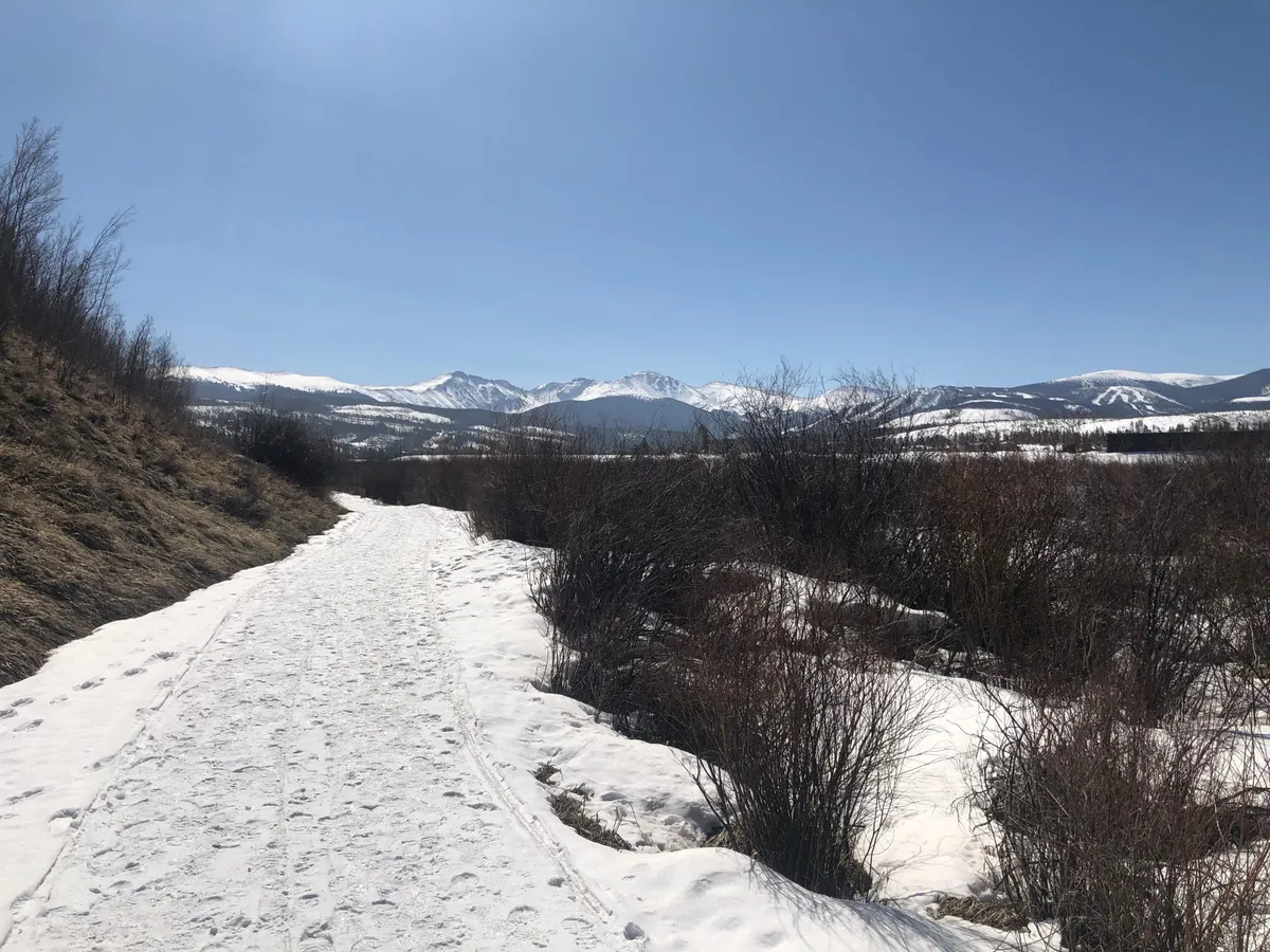 This view image presents a snow-covered path leading to distant mountains, set against a serene, natural backdrop. The scene evokes seasonal exploration—winter walks, snowshoeing, or simply enjoying the snowy landscape from nearby paths.